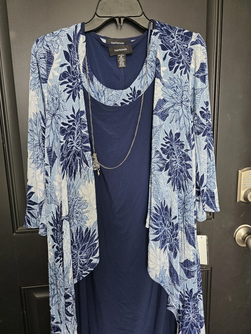 R&M Richards 2PC Dress Set Size 10 Navy Blue Floral Jacket Overlay Necklace NWT - Picture 5 of 10